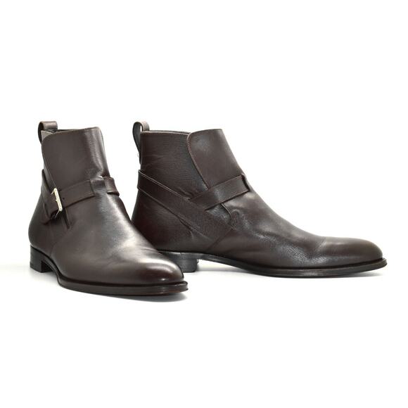 D4 Auth ERMENEGILDO ZEGNA Dark Brown Leather Buckle Strap Ankle Boots Size 11 D - Picture 1 of 6